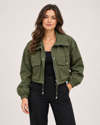 Women's Cropped Utility Jacket with Stand Collar and Chest Pockets army green front view