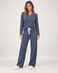 Women’s Pyjama Set with Ribbed Finish and Wide-Leg Trousers in Navy Blue, full body view