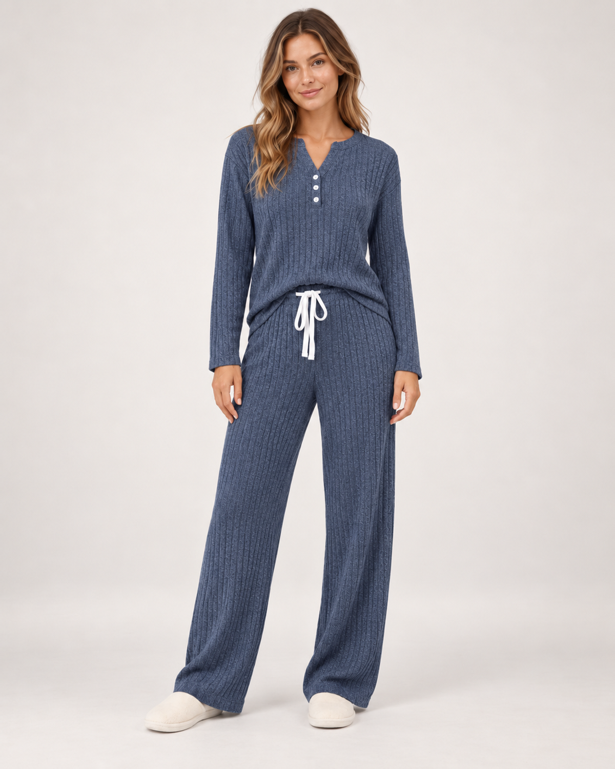 Women’s Pyjama Set with Ribbed Finish and Wide-Leg Trousers in Navy Blue, full body view