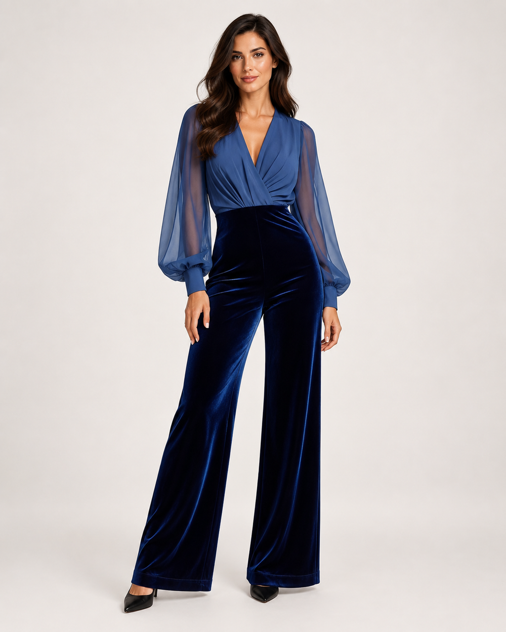 Women’s Wide Leg Jumpsuit with V Neck and Sheer Sleeves in Navy Blue, full body view