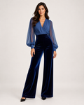 Women’s Wide Leg Jumpsuit with V Neck and Sheer Sleeves in Navy Blue, full body view