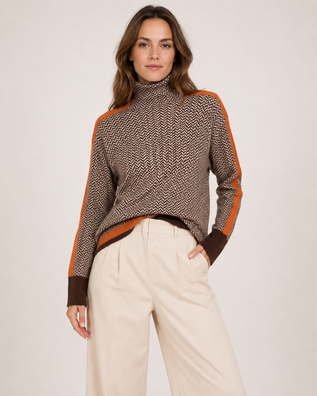 Women’s Roll Neck Jumper with Contrast Sleeves in Orange, three quarter body view