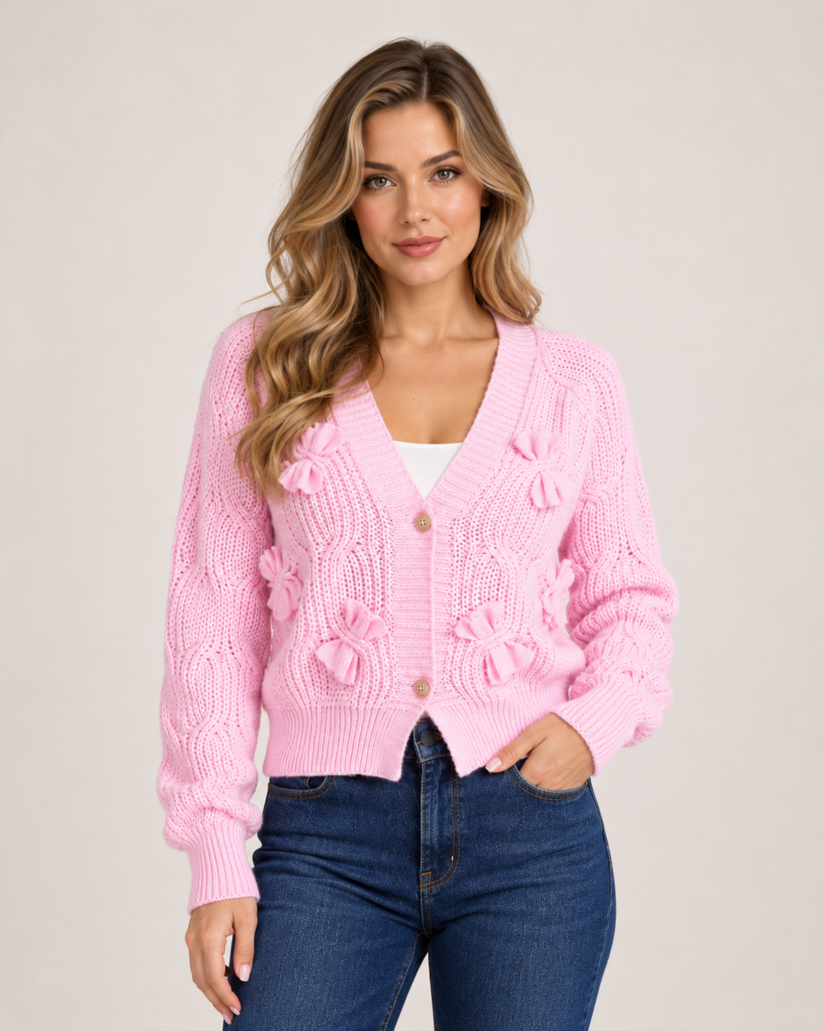 Women's Bow Cardigan with V Neck pink front view