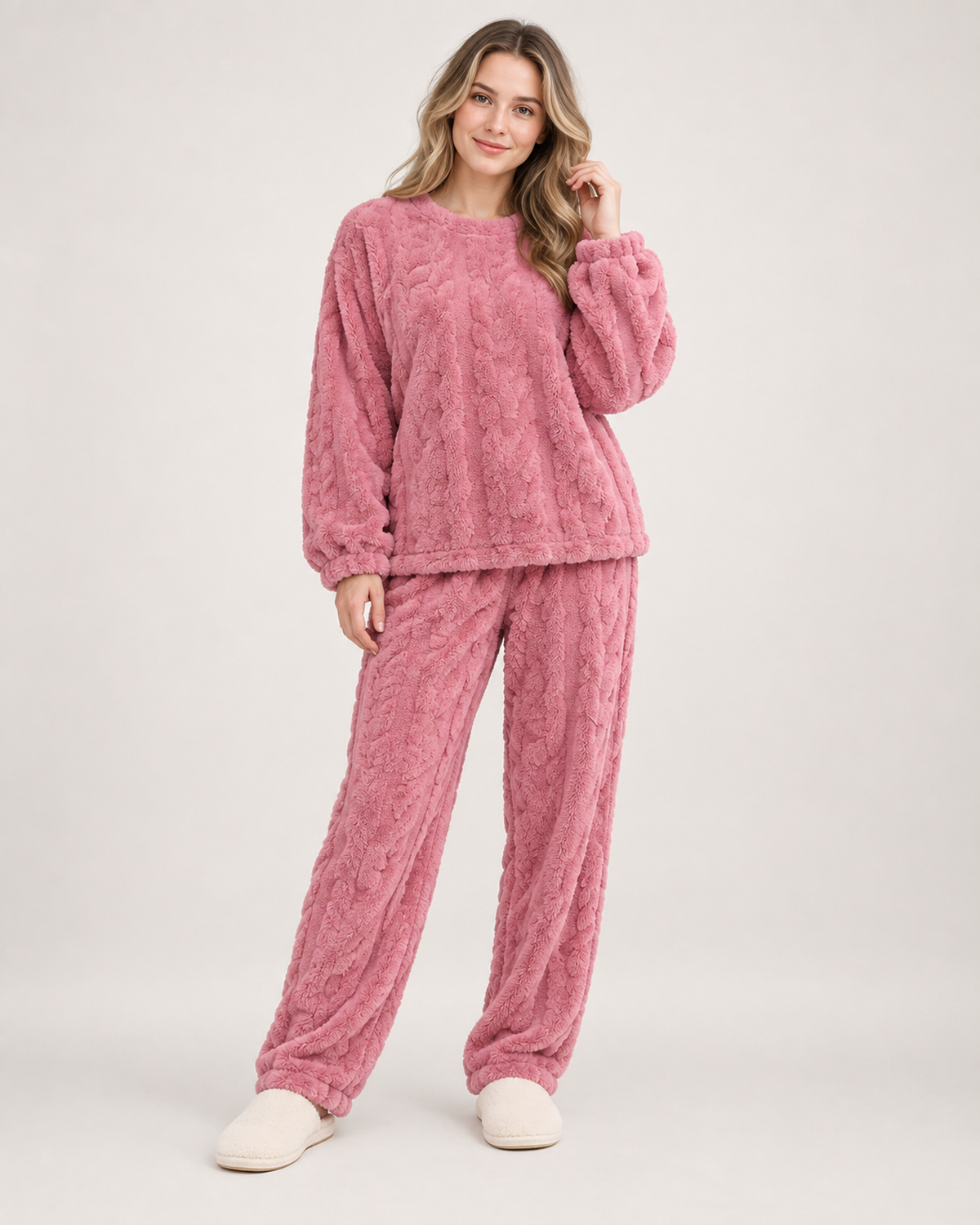 Women’s Pyjamas with Flannel Cable Pattern in Pink, full body view