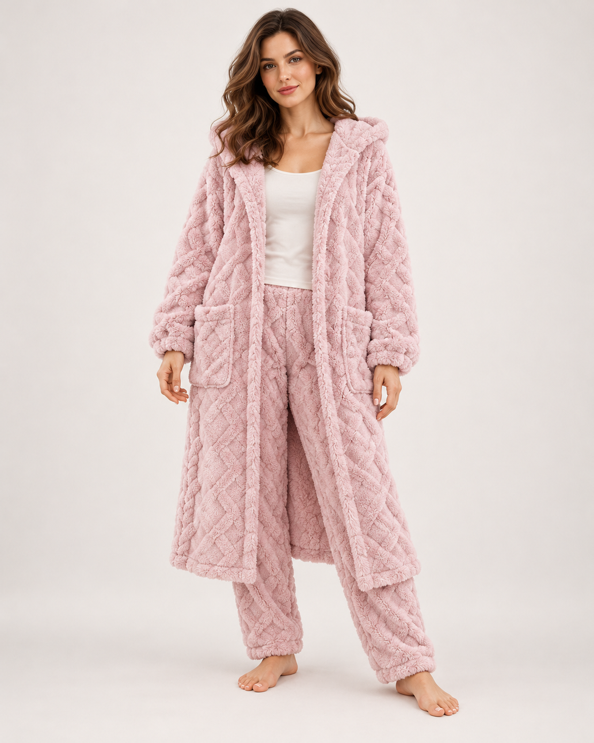 Women’s Pyjama Set with Long Hooded Robe and Trousers in Pink, full body view