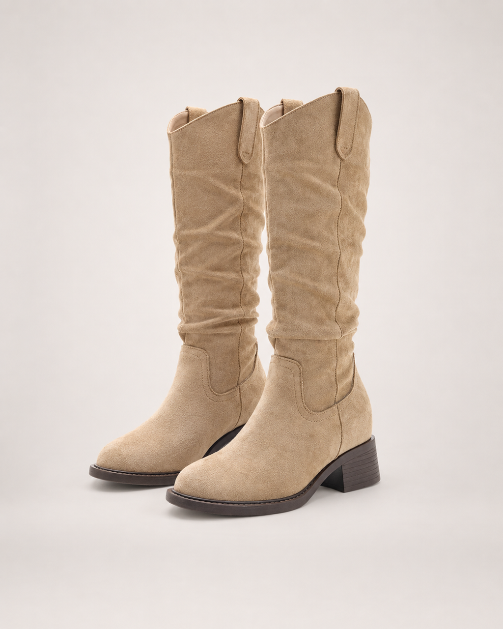 Women’s Knee High Boots with Round Toe and Chunky Heel in Beige, product only pair front three quarter view