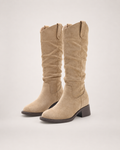 Women’s Knee High Boots with Round Toe and Chunky Heel in Beige, product only pair front three quarter view