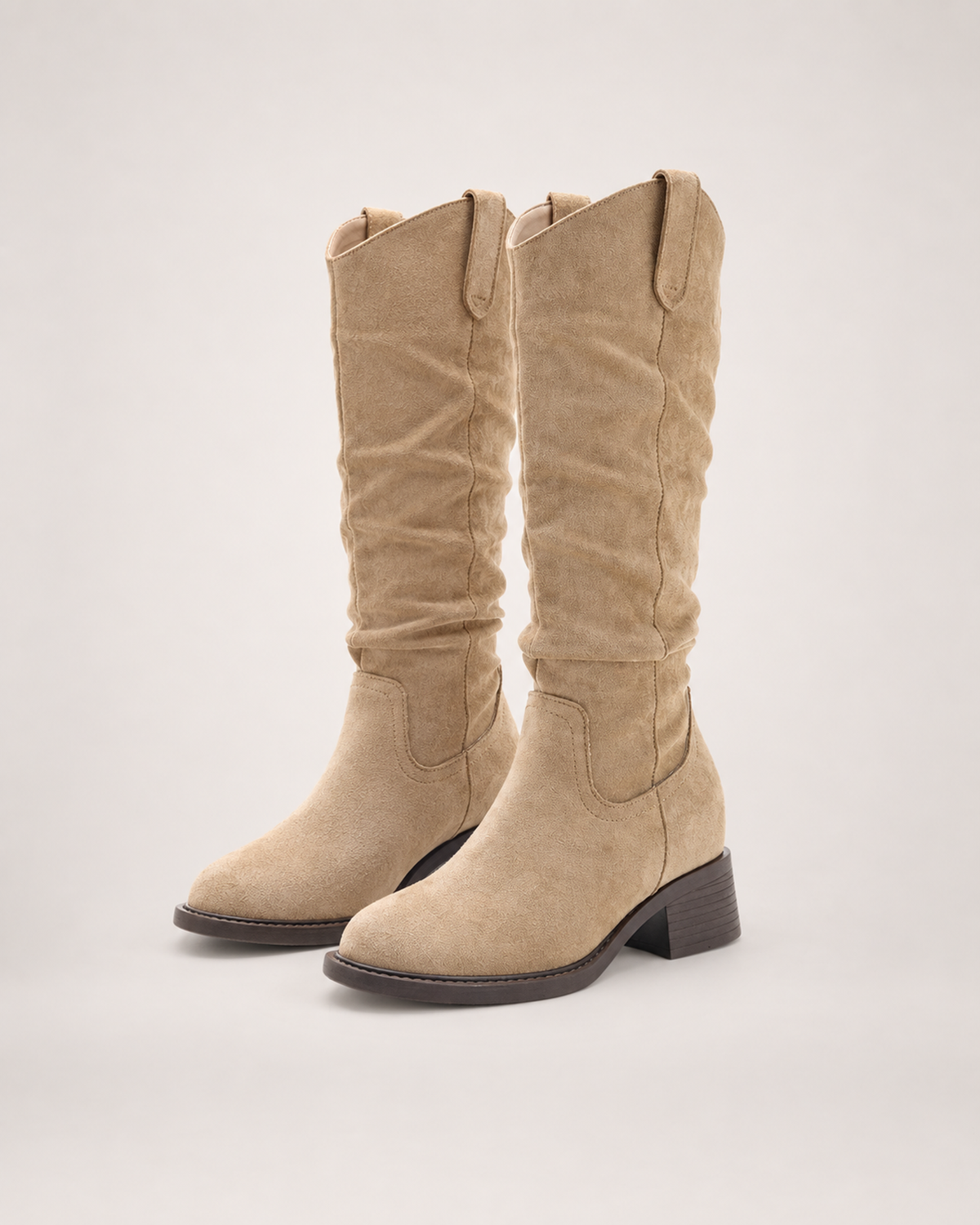 Women’s Knee High Boots with Round Toe and Chunky Heel in Beige, product only pair front three quarter view