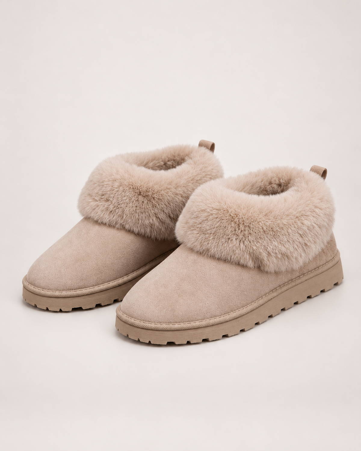 Women’s Slipper Boots with Fold-Down Fluffy Cuff in Taupe, product only pair front three quarter view
