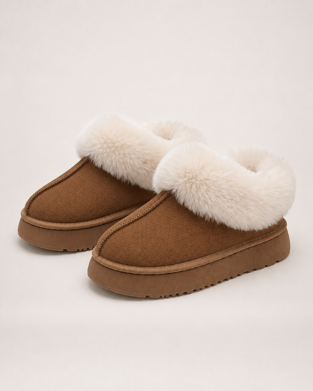 Women’s Platform Slippers with Fluffy Collar in Chestnut Brown, product only pair front three quarter view