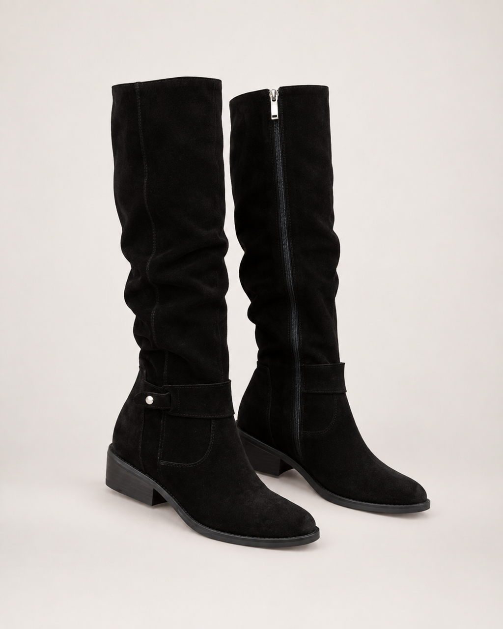 Women’s Knee High Boots with Low Heel and Side Zip in Black, product only pair front three quarter view