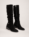 Women’s Knee High Boots with Low Heel and Side Zip in Black, product only pair front three quarter view