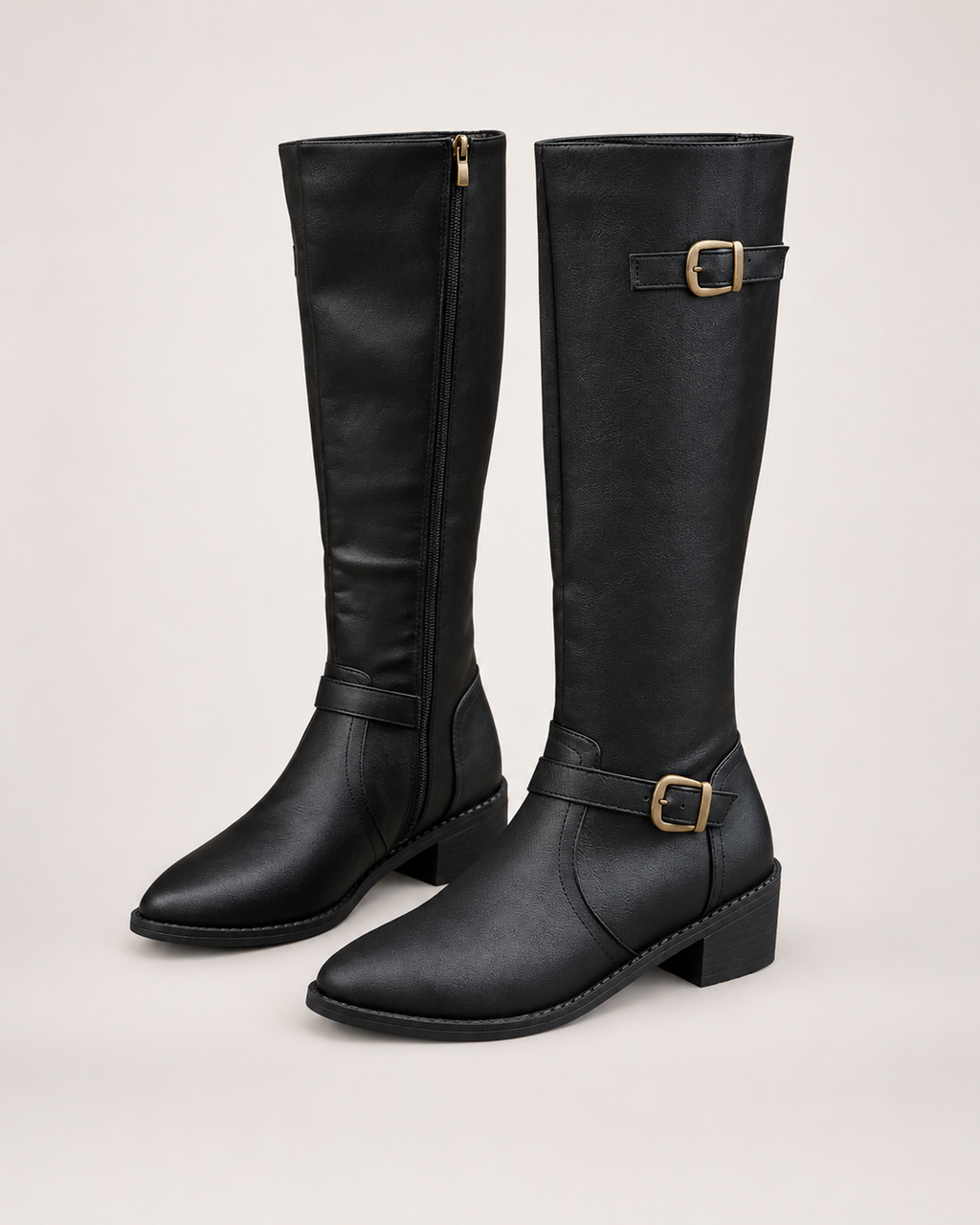 Women’s Knee High Boots with Riding Shape and Buckle Detail in Black, product only pair front three quarter view