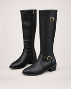 Women’s Knee High Boots with Riding Shape and Buckle Detail in Black, product only pair front three quarter view