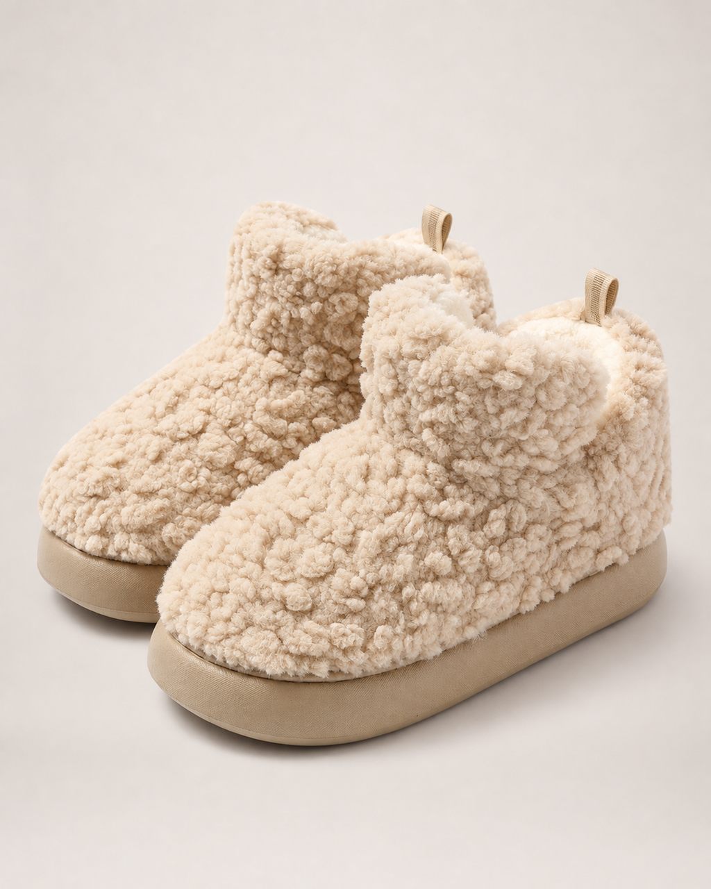 Women’s Slipper Boots with Fluffy Finish and Thick Sole in Light Brown, product only pair front three quarter view