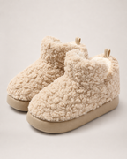 Women’s Slipper Boots with Fluffy Finish and Thick Sole in Light Brown, product only pair front three quarter view