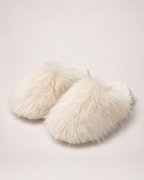 Women’s Mule Slippers with Fluffy Closed Toe in Cream, product only pair front three quarter view