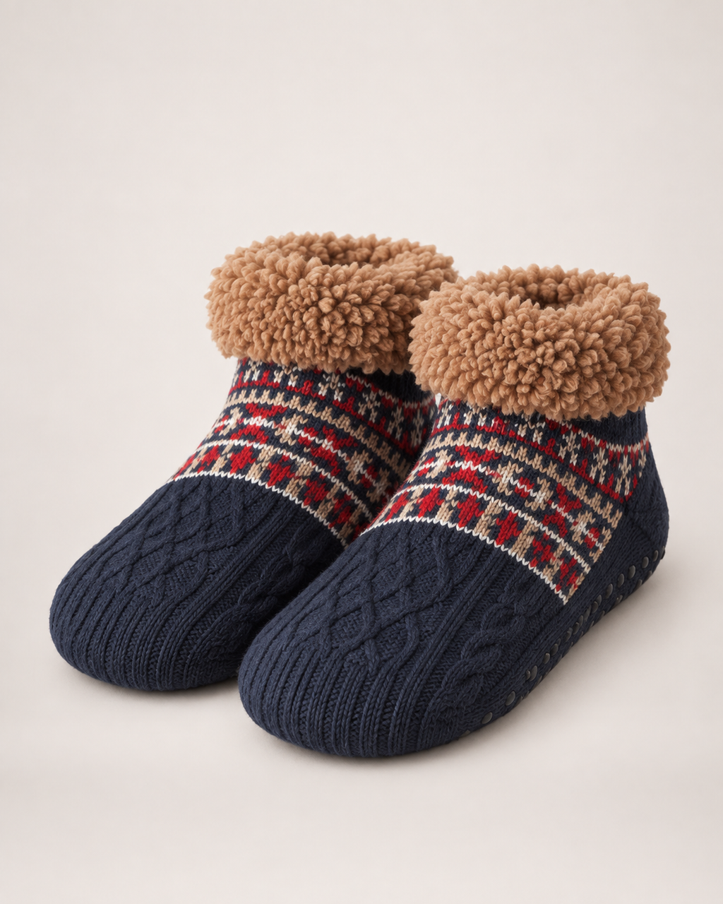 Women’s Slipper Socks with Fair Isle Pattern in Navy Blue, product only pair front three quarter view