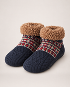 Women’s Slipper Socks with Fair Isle Pattern in Navy Blue, product only pair front three quarter view