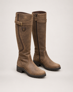 Women’s Riding Boots with Buckle Detail and Low Heel in Brown, product only pair front three quarter view