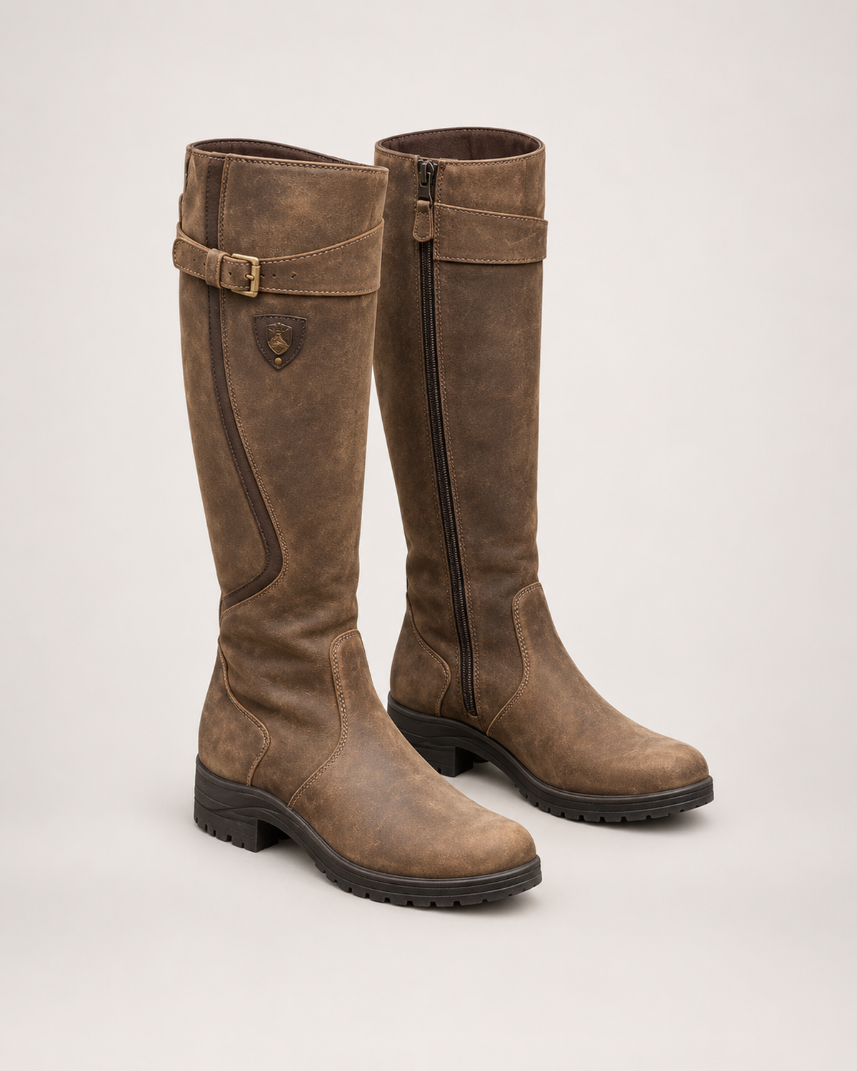 Women’s Riding Boots with Buckle Detail and Low Heel in Brown, product only pair front three quarter view