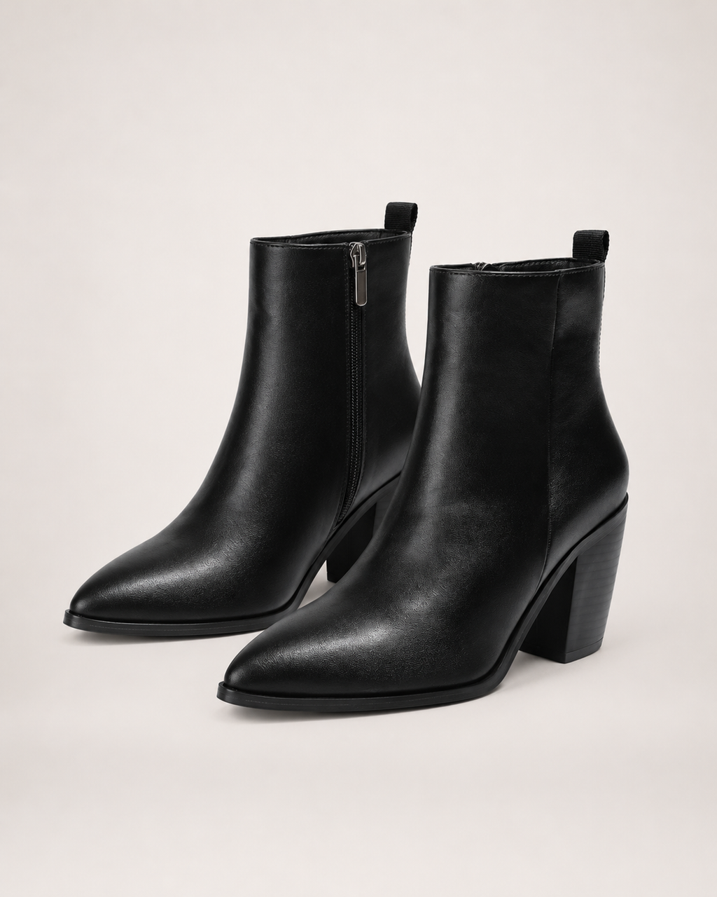 Women’s Heeled Ankle Boots with Side Zip in Black, product only pair front three quarter view