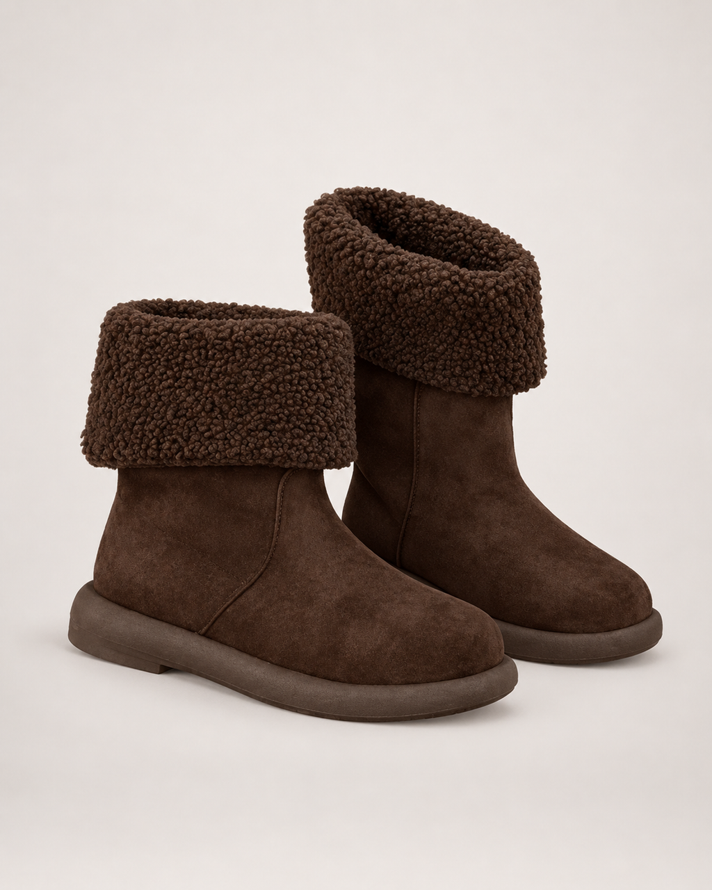 Women’s Mid Calf Boots with Fold-Down Fluffy Cuff in Dark Brown, product only pair front three quarter view