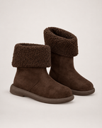 Women’s Mid Calf Boots with Fold-Down Fluffy Cuff in Dark Brown, product only pair front three quarter view