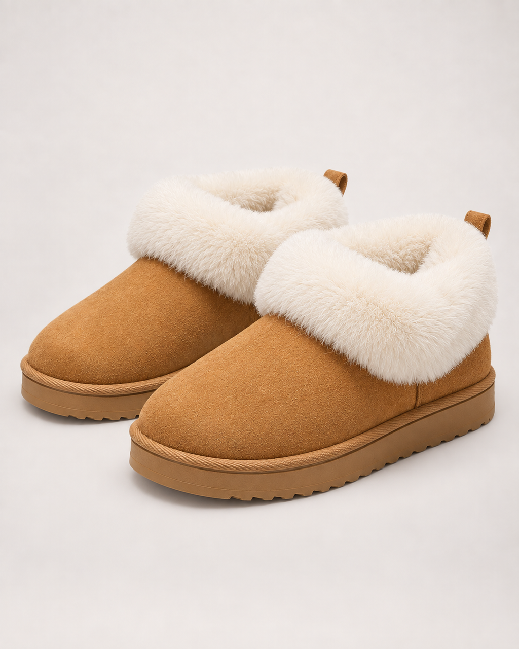 Women’s Slipper Boots with Fluffy Cuff and Platform Sole in Camel, product only pair front three quarter view
