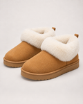 Women’s Slipper Boots with Fluffy Cuff and Platform Sole in Camel, product only pair front three quarter view
