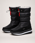 Women’s Snow Boots with Quilted Shaft and Treaded Sole in Black, product only pair front three quarter view