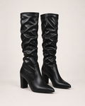Women’s Knee High Boots with Pointed Toe and High Heel in Black, product only pair front three quarter view