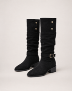 Women’s Knee High Boots with Slouch Shaft and Block Heel in Black, product only pair front three quarter view
