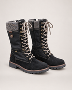 Women’s Lace Up Boots with Knitted Cuff in Black, product only pair front three quarter view