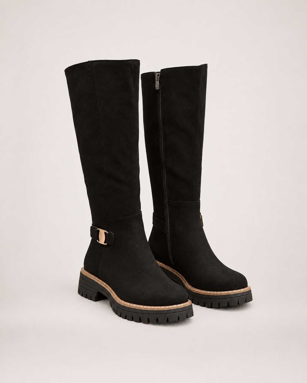 Women’s Black Knee High Boots with Chunky Sole and Buckle Detail in Black, product only pair front three quarter view