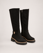 Women’s Black Knee High Boots with Chunky Sole and Buckle Detail in Black, product only pair front three quarter view