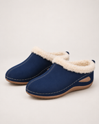 Women’s Slipper Clogs with Plush Lining and Wedge Sole in Navy Blue, product only pair front three quarter view
