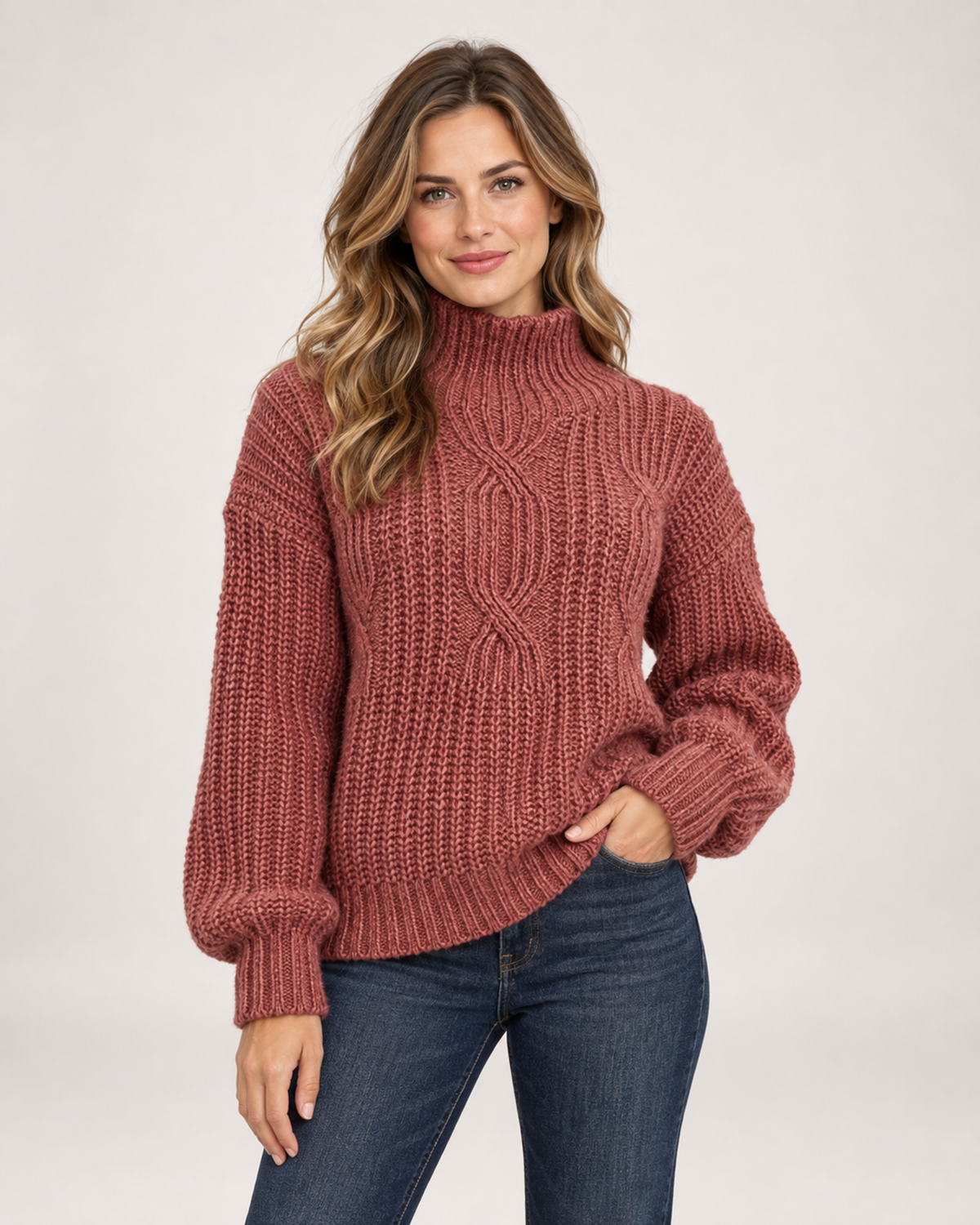 Women's Cable Knit Jumper with Roll Neck and Balloon Sleeves red front view
