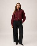 Women’s Zip Up Cardigan with Funnel Neck in Red, three quarter body view