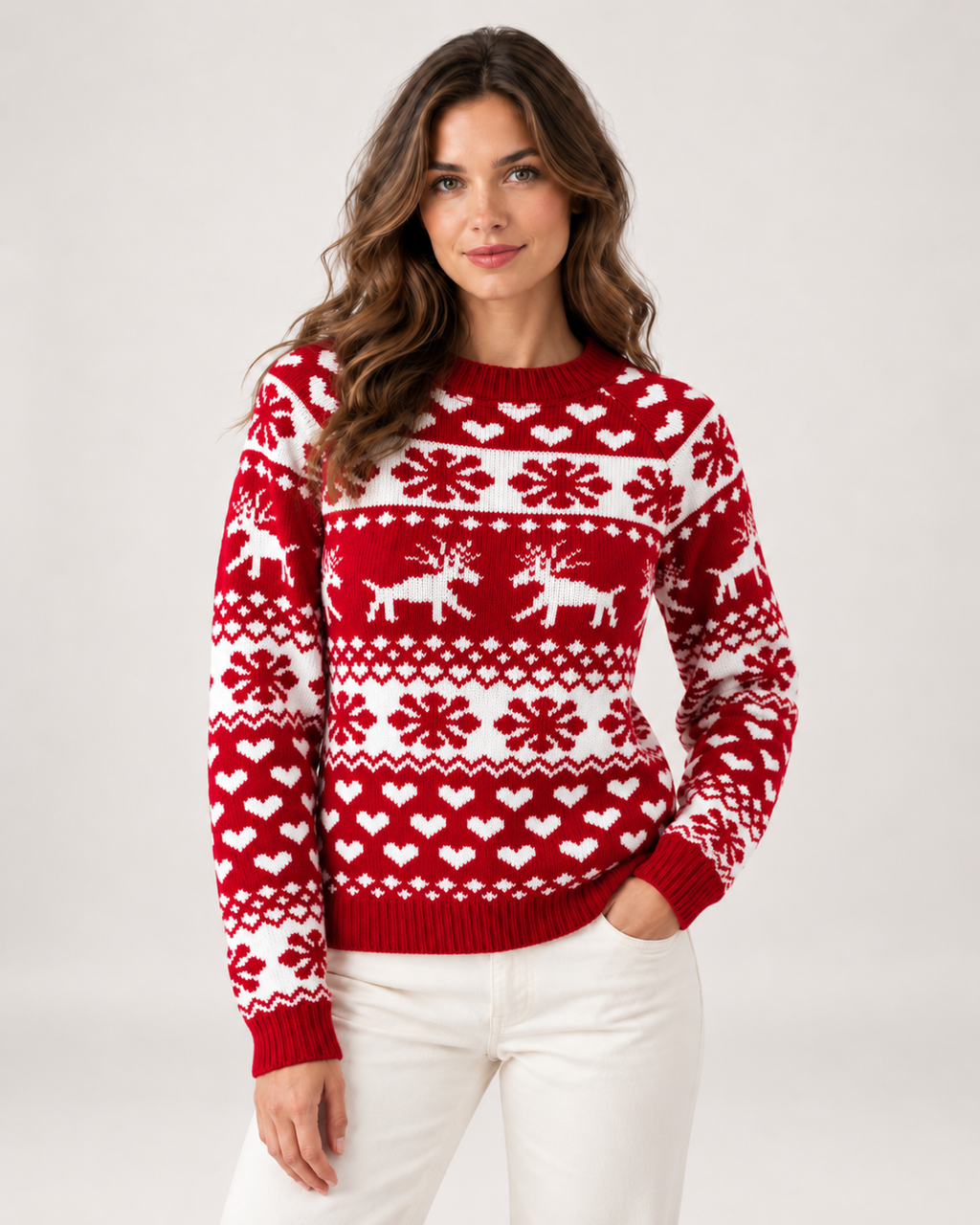 Women’s Christmas Jumper with Reindeer Pattern in Red, upper body product focus view