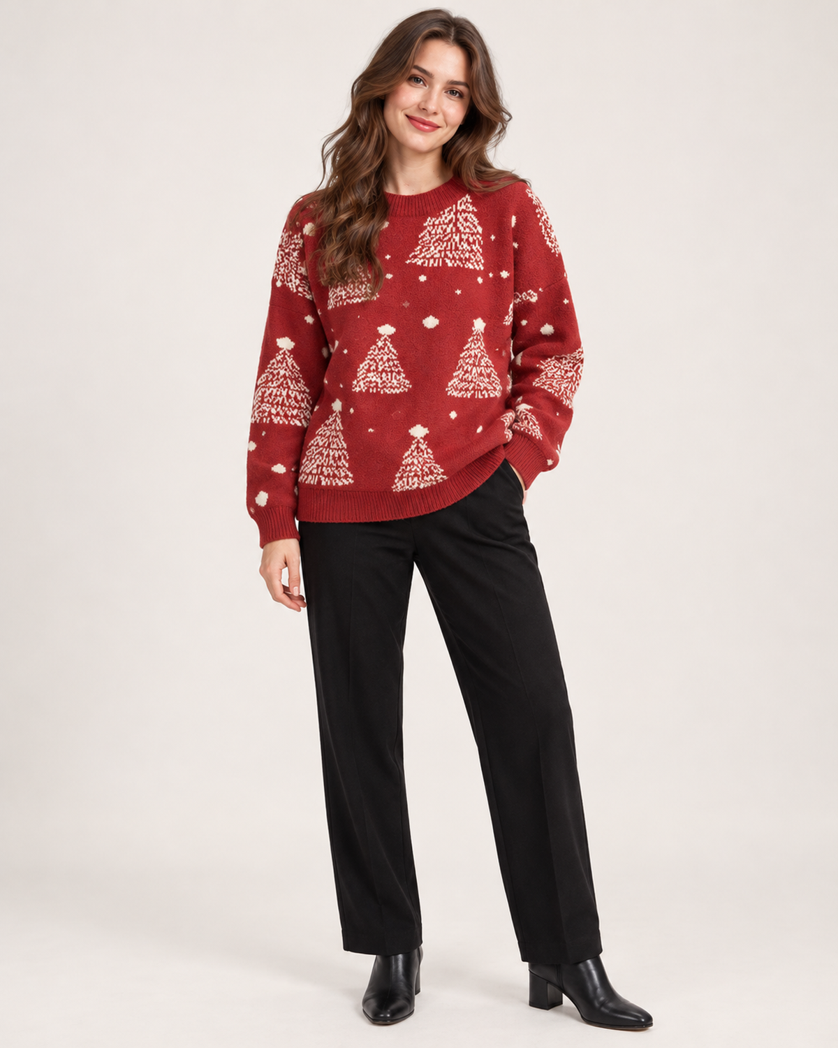 Women’s Christmas Jumper with Christmas Tree Pattern in Red, upper body product focus view