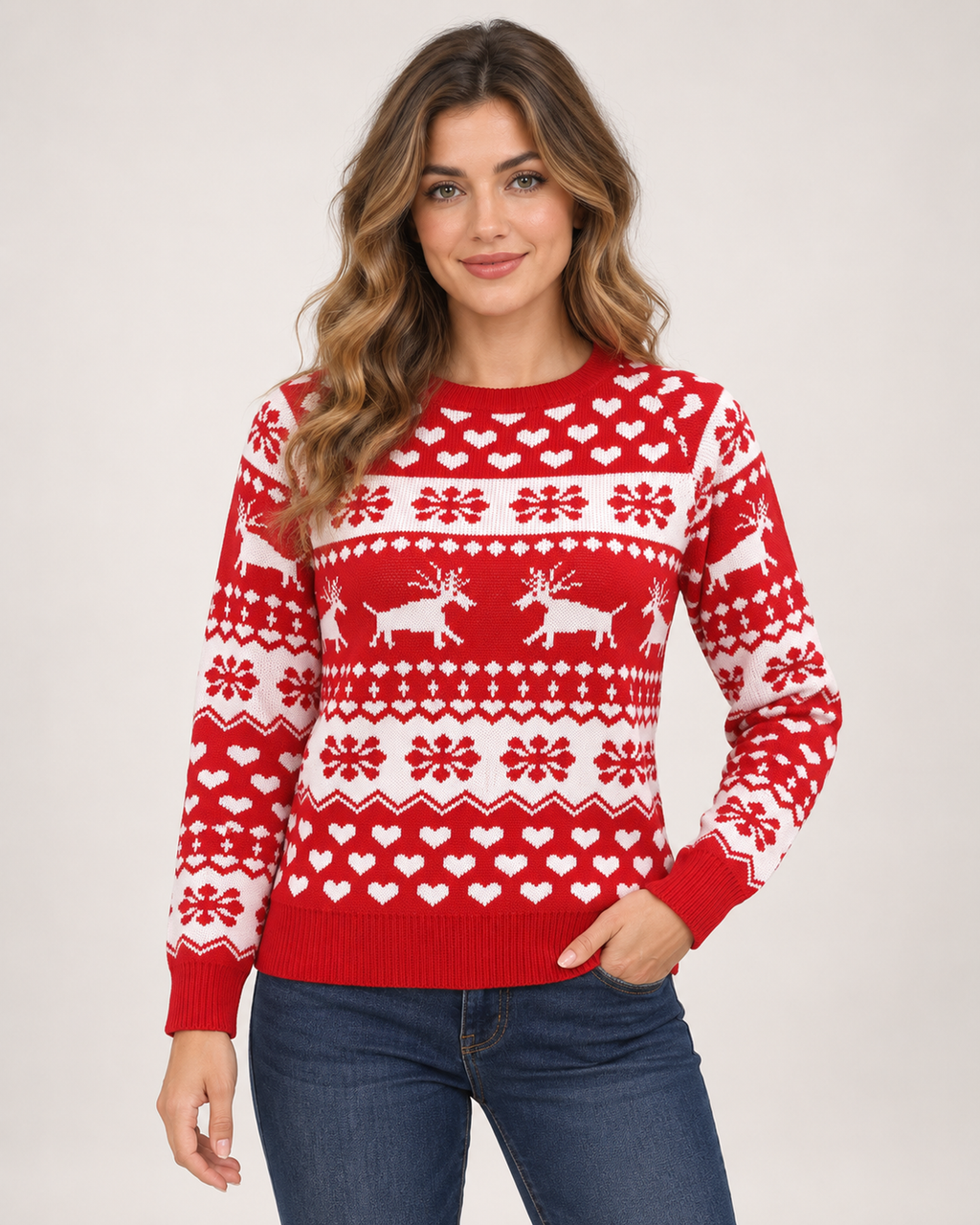 Women’s Christmas Jumper with Reindeer and Heart Pattern in Red, upper body product focus view
