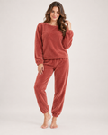 Women’s Fleece Loungewear Set with Crew Neck and Joggers in Red, full body view