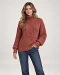 Women’s Cable Knit Jumper with Roll Neck and Balloon Sleeves in Red, upper body product focus view