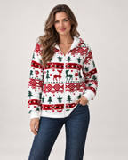 Women’s Christmas Cardigan with Hood and Zip Front in White, upper body product focus view