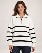 Women’s Striped Jumper with Half Zip Collar in White, upper body product focus view