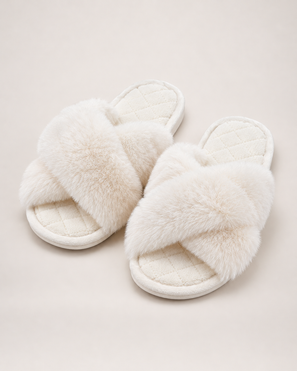 Women’s Fluffy Slippers with Cross Straps and Open Toe in White, product only view