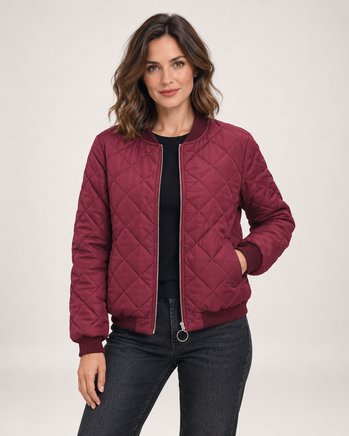 Women’s Quilted Jacket with Stand Collar in Wine Red, short outerwear product focus view