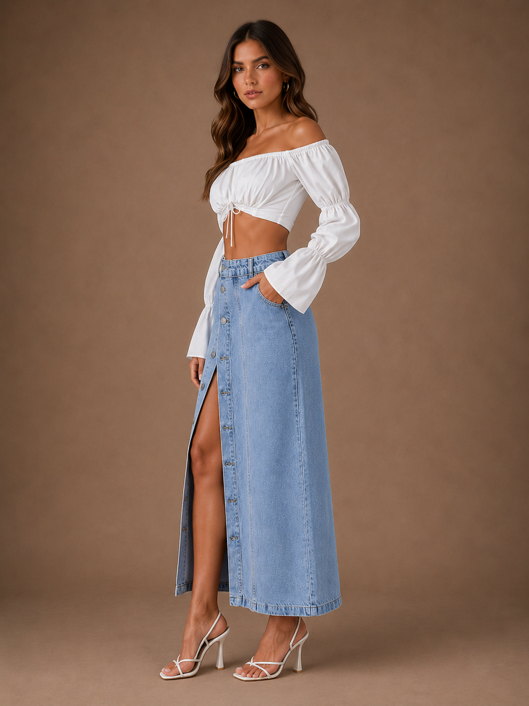 Women's High Waist Button Front Denim Midi Skirt