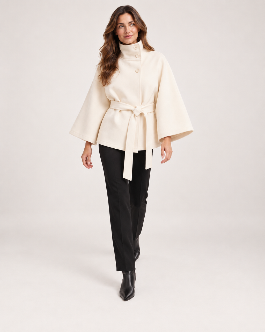 Women’s Cape Coat with Funnel Neck and Belt in Apricot, full body view